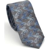 Gaffy Cravatte Mavi Şal Desenli Gri Dokuma Kumaş Mendilli Slim Fit Kravat // SDK-2507-4