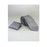 Gaffy SS-04 Gri Slim Fit Düz Renk Mendilli Saten Kravat