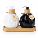 Gaga 2'li Sıvı Sabunluk ve Deterjanlık Seti - Bambu Standlı Seramik Pompalı Şişe - 2 x 400 ml Tezgah Üstü Düzenleyici - Mutfak Banyo İçin Şık Siyah Beyaz Tasarım - Hands Dishes Etiketli