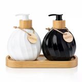 Gaga 2'li Sıvı Sabunluk ve Deterjanlık Seti - Bambu Standlı Seramik Pompalı Şişe - 2 x 400 ml Tezgah Üstü Düzenleyici - Mutfak Banyo İçin Şık Siyah Beyaz Tasarım - Hands Dishes Etiketli