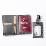 Gaga Hakiki Deri Pasaport Kılıfı & Valiz Etiketi Seti – El Yapımı Unisex Pasaport Cüzdan – 4 Kart Bölmeli, Bilet Cepli, Seyahat Organizeri, Dayanıklı Deri Pasaportluk - (Gri)