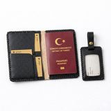 Gaga Hakiki Deri Pasaport Kılıfı & Valiz Etiketi Seti – El Yapımı Unisex Pasaport Cüzdan – 4 Kart Bölmeli, Bilet Cepli, Seyahat Organizeri, Dayanıklı Deri Pasaportluk - (Siyah)