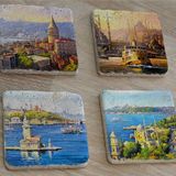 Galata Eminönü Kız Kulesi ve Ortaköy Doğal Taş Bardak Altlığı 4'lü set - Natural Stone Coasters