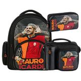 Galatasaray 3 Bölmeli Mauro Icardi Suni Deri Okul Çantası + Beslenme Çantası + Kalemlik - Siyah