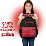 Galatasaray Lisanslı Ekose Kırmızı Okul Çantası Yanında Kalemlik Hediyeli