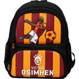 Galatasaray Lisanslı Victor Osimhen Okul Çantası - 3 Bölmeli Suni Deri Panelli Ilkokul Sırt Çantası - Kırmızı - Siyah