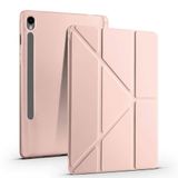 Galaxy Tab S9 FE 10.9 inç Tablet Kılıfı, Kalem Bölmeli, Uyku Modlu, Stand Özellikli, Tri Folding (PEMBE)