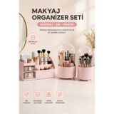 Galeriyo Çekmeceli Makyaj Organizer, 360° Dönebilen ve Fırça Düzenleyici Tavşan Kulp 3’lü Set Pembe