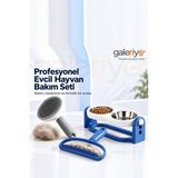 Galeriyo Tiftik Tarak Mavi Tüy Toplayıcı Otomatik Temizlenen Tuşlu Evcil Hayvan Fırçası Gri ve Çift Krom Hazneli Mama Kabı Mavi Üçlü Set
