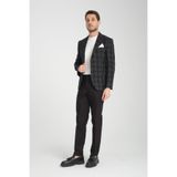 Galileo Erkek Siyah Kareli Ekoseli Mono Yaka Esnemeyen Kumaş Kalın Kumaş Slim Fit Blazer Ceket Siyah 52