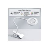 gaman Beyaz 3 Renk LED'li Büyüteçli Masa Lambası - Akrobat Kollu & Mandallı Kitap Okuma ve Çalışma Lambası