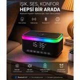 Gaman Jedel SA-148 Rgb Işıklı Bluetooth Hoparlörlü Masa Lambası, Kablosuz Şarj Cihazı, Dijital Saat ve Alarmlı Gece Lambası Siyah