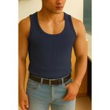 Gamaro Erkek Halter Yaka Penye Kaşkorse Fitted Kalıp Sporcu Likralı Atlet - Lacivert