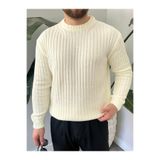 Gambocci Erkek Oversize Hafifi Bol Triko Kendinden Çizgili Bisiklet Yaka Örme Triko Kazak Beyaz XL