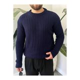 Gambocci Erkek Oversize Hafifi Bol Triko Kendinden Çizgili Bisiklet Yaka Örme Triko Kazak Lacivert M