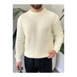 Gambocci Erkek Oversize Hafifi Bol Triko Kendinden Çizgili Bisiklet Yaka Örme Triko Kazak