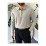 Gambocci Erkek Polo Yaka Uzun Kollu Fermuarlı Hafif Bol Triko Sweatshirt Gri M