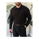 Gambocci Erkek Uzun Kollu Hafif Bol Oversize Polo Yaka Triko Sweatshirt Siyah M