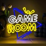 Game Room Neon Tabela, Sarı Mavi Beyaz LED Işıklı Dekor | Oyun Odası Dekoru, Akrilik Zemin, USB Güç Kaynağı, Masa Üstü Stand, Çok Renkli Işık