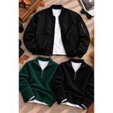 Gameyal Erkek 3'lü Kışlık Kombin Seti Unisex Oversize Çift Cepli Bomber Ceket Kolej Ceketi 2 Adet Yarım Fermuarlı Dik Yaka Selanik Örgü Triko Kazak