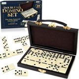 Gamie Double Six Domino seti, suni deri kılıfta, çocuklar için 28 domino fayans, eğlenceli eğitici oyuncak, sınıf kiti, oyun gecesi veya seyahat için klasik domino seti hediye kutusunda