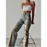 Gamze Alptekin Gümüş Varaklı Palazzo Kot Pantolon Jeans Kadın Yüksek Bel Denim Geniş Paça Modern Stil - 05S-Sarı - 36