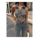 GAMZE ALPTEKİN Tasarım İthal Kumaş Üst Kalite Kot Crop Yelek Yaka Detaylı Düğmeli Kadın Jean Bluz