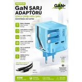 Gan Pd Hızlı Şarj Adaptörü 40W Lightning Kablolu Hızlı Şarj Çoklu Çıkış Usb-C Cihazı Ev Ofis Uyumlu - Mavi