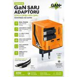 Gan Pd Hızlı Şarj Adaptörü 40W Lightning Kablolu Hızlı Şarj Çoklu Çıkış Usb-C Cihazı Ev Ofis Uyumlu - Turuncu