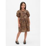 Gap Kız Çocuk Kahverengi Poplin Puff-Sleeve Leopar Desenli Elbise - M