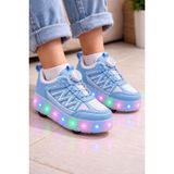 Garantili & Üst Kalite Işıklı Çocuk Paten Ayakkabısı | 4 Tekerlekli Kaykay Sneaker (29-37 Numara - Renk Mavi - Bebe Mavisi)