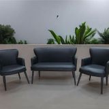 Garden House Siyah Renk Deri Metal Ayak Kollu Ofis Koltuk Takımı Büro Bekleme Koltuk Takımı