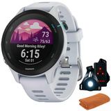 Garmin 010-02641-21 Forerunner 255 Music Gps Smartwatch, Whitestone | Resmi Abd Ortak Modeli | Spor Havlusu + Deco Essentials Wearable Commuter And Front Safety Light Light