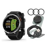 Garmin Approach S44 GPS AMOLED Golf Akıllı Saat (Gümüş Alüminyum Çerçeve, Siyah Silikon Bant) Odak Kameralı Taşınabilir Şarj Cihazı Standı ve Odaklama Paketi ...