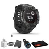 Garmin Instinct Solar Sportsman Edition Graphite Camo + Usb Car/Wall Adapt + Watch Şarj Stand + 6Ave Fiber Kumaş (010-02293-15)