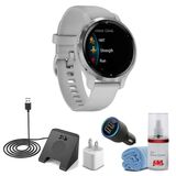 Garmin Venu 2S Gps Smartwatch Silver Bezel With Light Gray Case And Silikon Band (Bundle) With Watch Şarj İstasyonu + Usb Şarj Cube + Usb Car Şarj + Lcd Ekran Temizlik Kit