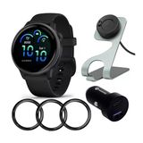 Garmin Vivo 6 Gps Smartwatch (Slate With Black Band) Sche With 45W 2Port Car Şarj, Portatif Şarj Filmi (40Mm) (4 Madde)