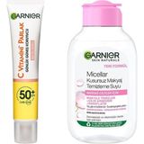 Garnier 40 ml C Vitamini Parlak Günlük Uv Korumalı Güneş Yüz Kremi Spf50 Işıltılı Doku & 100 ml Micellar Kusursuz Makyaj Temizleme Suyu Cilt Bakım Seti