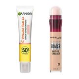 Garnier C Vitamini Parlak Günlük SPF50 Işıltılı Doku 40 ml Güneş Yüz Kremi + Maybelline New York Instant Anti Age 01 Light 6.8 ml Eraser Kapatıcı