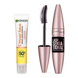 Garnier C Vitamini Parlak Günlük UV Korumalı SPF50 Işıltılı Doku 40 ml Yüz Güneş Kremi ve Maybelline New York Lash Sensational Yelpaze Etkili Intense Black Maskara