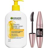 Garnier C Vitamini Parlaklık Veren Temizleyici 250 ml & Maybelline New York Lash Sensational Yelpaze Etkili Intense Black Maskara - 001 Brown