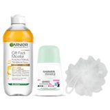 Garnier Skin Naturals Çift Fazlı Micellar Kusursuz Makyaj Temizleme Suyu (400 ml) & Mineral Lekesiz Koruma Roll-On Deodorant & Duş Lifi Hediyesi