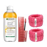 Garnier Skin Naturals Çift Fazlı Micellar Kusursuz Makyaj Temizleme Suyu(400ml)&Maybelline New York Super Stay Vinyl Ink Uzun Süre Kalıcı Likit Parlak Ruj 15 Peachy + Hediye Havlu Bileklik 2'li Set