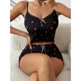Gazaniga Kadın Baskılı Dantelli Beyaz Likralı Gecelik Şort Takım Strawberry - 2XL - 3XL - Siyah