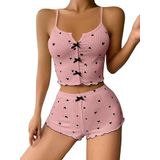 GAZANİGA Kadın Beyaz Askılı Desenli Gecelik Pijama Şortlu Takımı BELLA (PEMBE, 2XL/3XL)