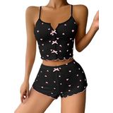 GAZANİGA Kadın Beyaz Askılı Desenli Gecelik Pijama Şortlu Takımı BELLA (Siyah, 2XL/3XL)