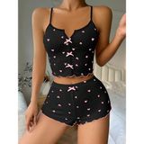 GAZANİGA Kadın Beyaz Askılı Desenli Gecelik Pijama Şortlu Takımı BELLA (Siyah, S/M)
