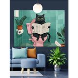 Gazeteli Tuvalette Okuyan Kedi Dekoratif Kanvas - Mdf Ahşap Tablo