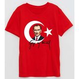 Gazi Mustafa Kemal Imzalı 29 Ekim Cumhuriyet Bayramı Baskılı Pamuklu Çocuk T-Shirt - Kırmızı - 6 Yaş
