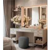 Gazzini Furniture Diana Slim Line Luxury Gri Puf Havlu Kumaş, Silindir, Dekoratif Makyaj Masası Pufu